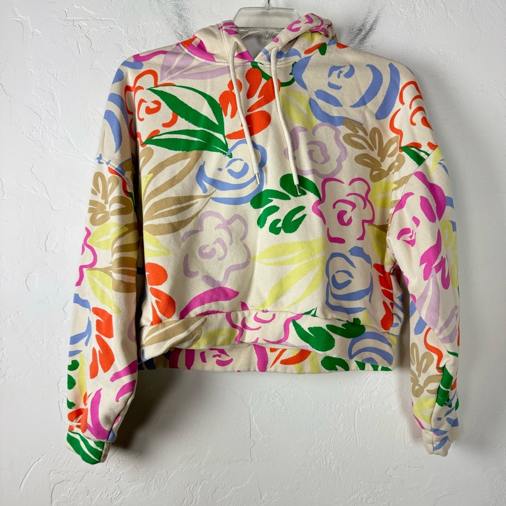 Gap Hoodie Sweatshirt Pullover Sweater Floral Print Neon Graffiti Cream Fleece - Picture 1 of 7